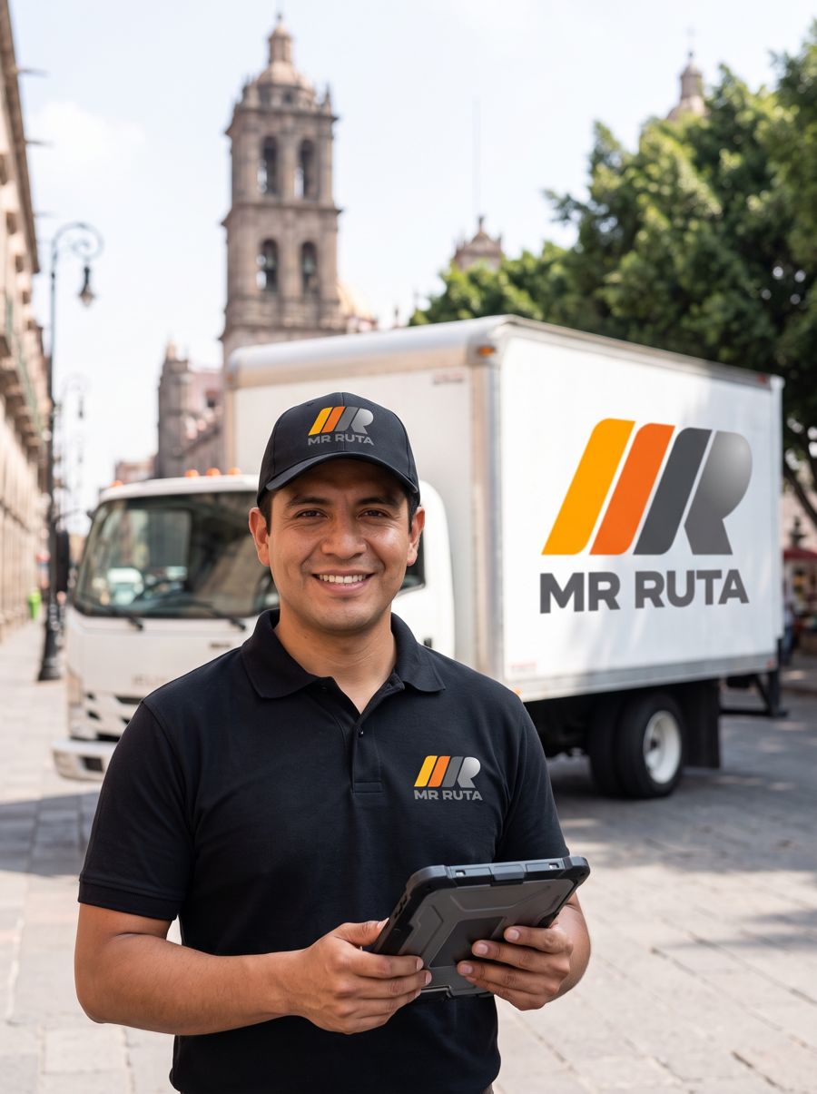 Repartidor de Mr Ruta con tablet frente a su camión